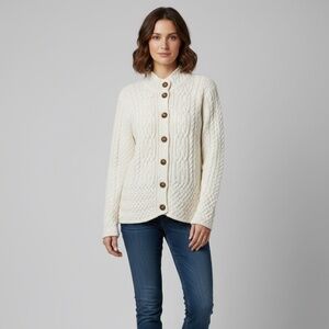 Women's Talbots Cotton Cable Knit Chunky Knit Cardigan Ivory/White Size L